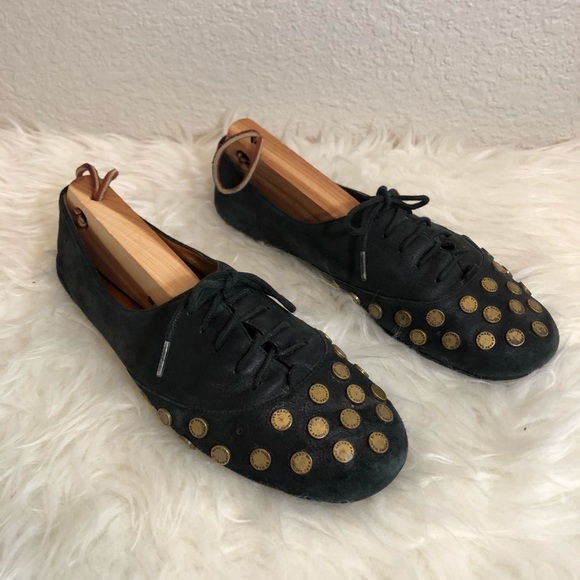 MBMJ Suede Black Laceup Logo Button Flats 37 - Picture 2 of 8